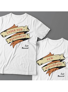 Парные футболки для молодоженов " Under new management (У меня новый начальник)"