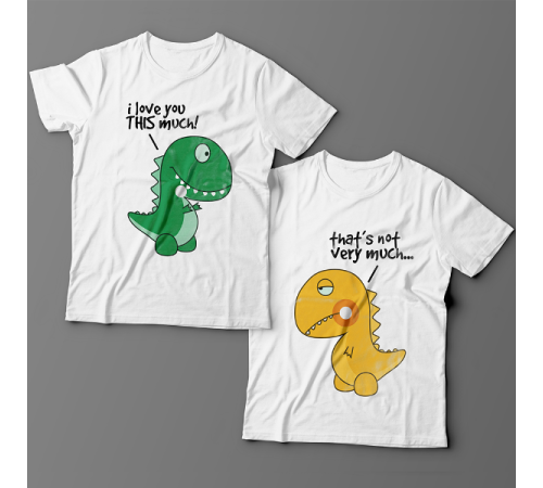 Парные футболки для влюбленных с изображениями динозавриков и надписью  "I love you This much" ("Я люблю тебя ВОТ так")