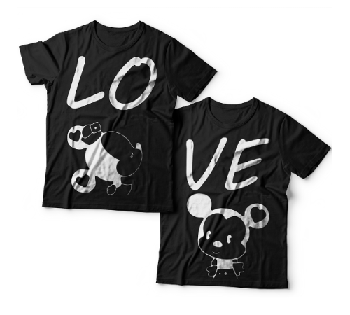 Парные футболки для влюбленных с изображениями влюбленных мышат и надписями "LO" (Лю-) и  "VE" (-бовь)