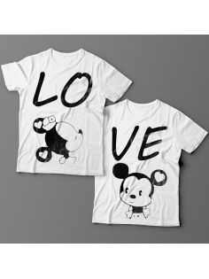 Парные футболки для влюбленных с изображениями влюбленных мышат и надписями "LO" (Лю-) и  "VE" (-бовь)