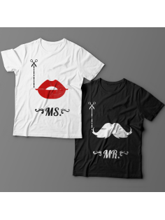 Парные футболки для влюбленных с изображениями губ и усов и надписями "Mr" и "Ms"