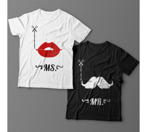 Парные футболки для влюбленных с изображениями губ и усов и надписями "Mr" и "Ms"