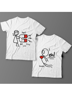 Парные футболки для влюбленных с изображениями человечков и надписью  "Our love story" ("История нашей любви")