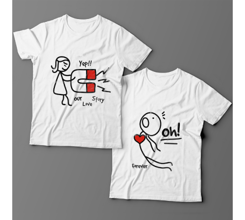Парные футболки для влюбленных с изображениями человечков и надписью  "Our love story" ("История нашей любви")