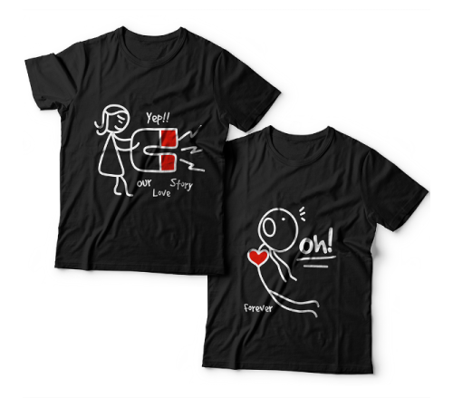 Парные футболки для влюбленных с изображениями человечков и надписью  "Our love story" ("История нашей любви")