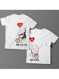 Парные футболки для влюбленных с изображениями мальчика и девочки на велосипеде и надписями "We go" ("мы едем") и "Together" ("вместе")