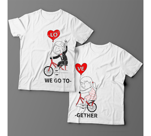 Парные футболки для влюбленных с изображениями мальчика и девочки на велосипеде и надписями "We go" ("мы едем") и "Together" ("вместе")