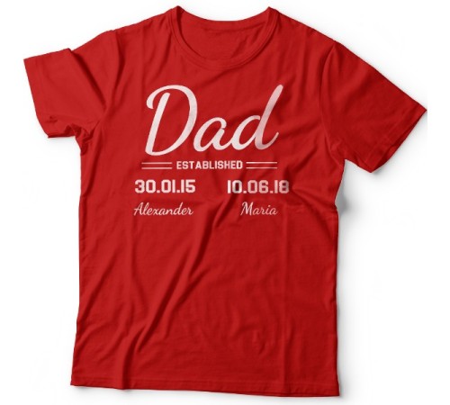 Футболка в подарок для папы с надписью "Dad established", с датой рождения и именами детей