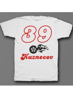 Именная футболка с шрифтом из нулевых и пламенным колесом #47