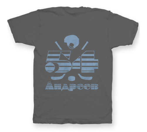 Именная футболка с полосатым шрифтом и хоккейными принадлежностями #66