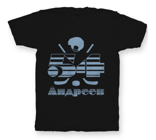 Именная футболка с полосатым шрифтом и хоккейными принадлежностями #66