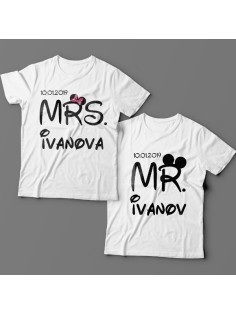 Парные футболки для мужа и жены "Mr." и "Mrs." с датой свадьбы и фамилиями