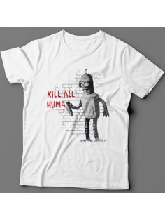 Прикольная футболка с надписью "Kill all huma.." и изображением Бендера из Мультсериала "Футурама"