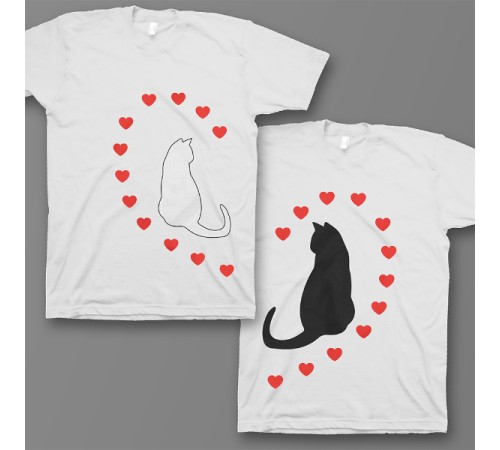 Парные футболки для влюбленных "Кошечки и сердечки"