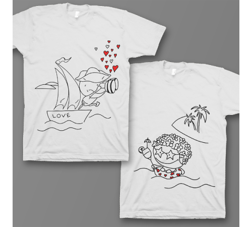 Парные футболки для влюбленных с изображением пирата и туристки