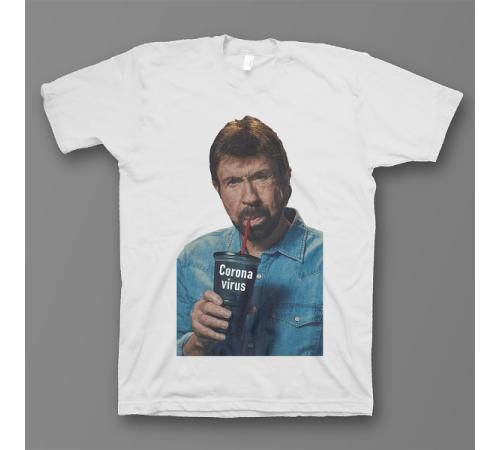 Прикольная футболка с принтом "Чак Норрис пьет коронавирус"