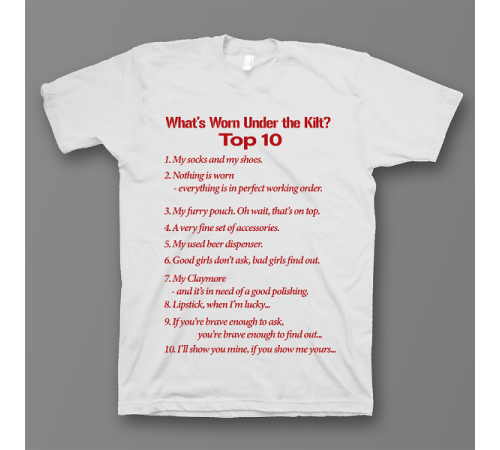 Прикольная футболка с принтом "What's Worn under the Kilt?"