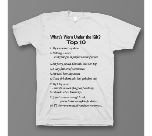 Прикольная футболка с принтом "What's Worn under the Kilt?"