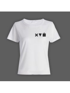 Женская прикольная футболка с маленьким принтом "Икс Треугольник Куб"