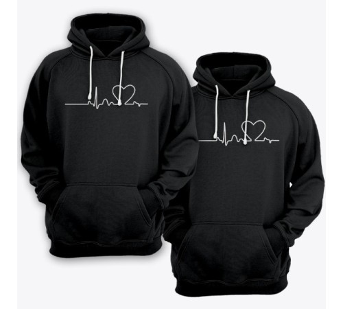 Парные толстовки с капюшоном для влюбленных с изображением сердца на линии пульса