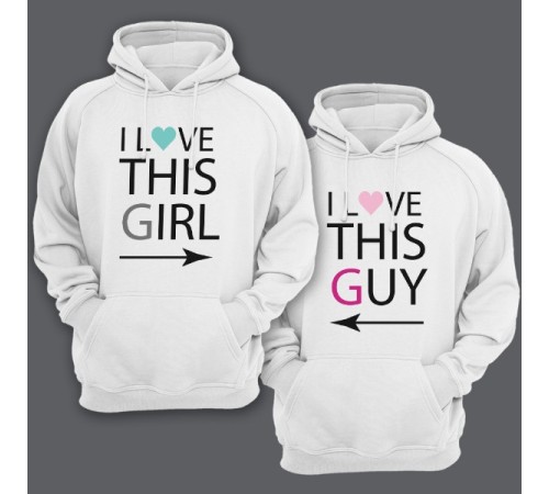 Парные толстовки с капюшоном для влюбленных "I LOVE THIS GIRL/GUY" ("Я люблю эту\этого девчонку\парня")