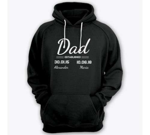 Толстовка с капюшоном для папы с надписью "Dad established", с датой рождения и именами детей