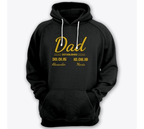 Толстовка с капюшоном для папы с надписью "Dad established", с датой рождения и именами детей