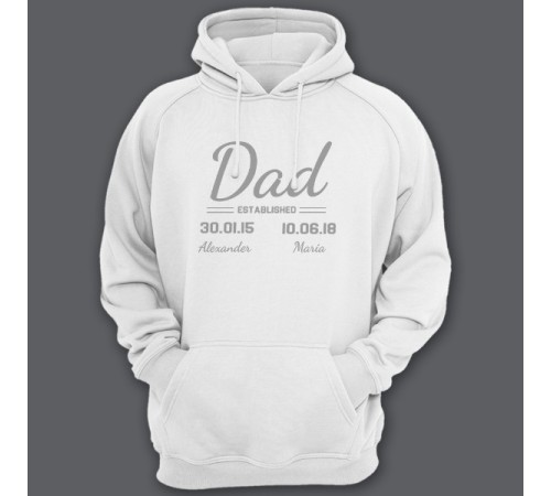 Толстовка с капюшоном для папы с надписью "Dad established", с датой рождения и именами детей