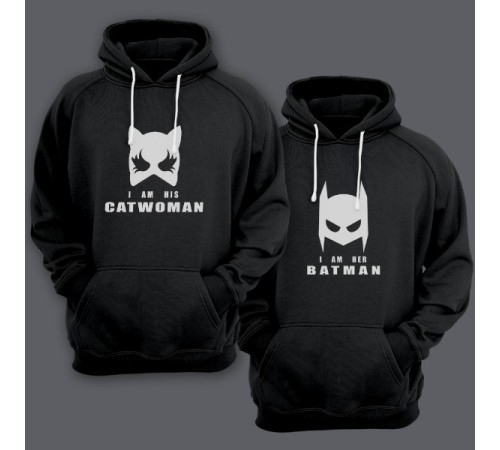 Парные толстовки с капюшоном для двоих "I am his Catwoman (Я его женщина-кошка)"/"I am her Batman (Я ее бэтмен)"