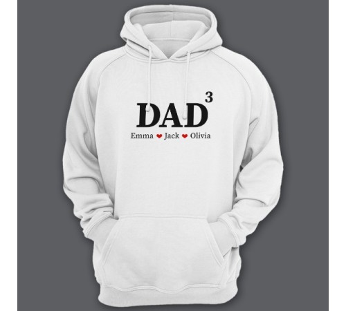 Толстовка с капюшоном для папы с надписью "DAD^3" ("Папа в третьей степени") и именами ваших детей