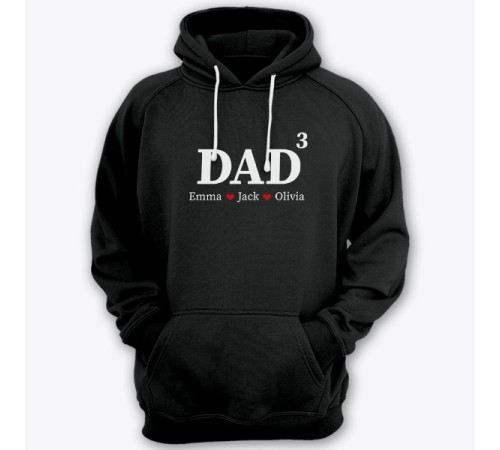 Толстовка с капюшоном для папы с надписью "DAD^3" ("Папа в третьей степени") и именами ваших детей