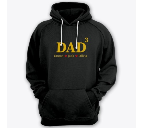 Толстовка с капюшоном для папы с надписью "DAD^3" ("Папа в третьей степени") и именами ваших детей