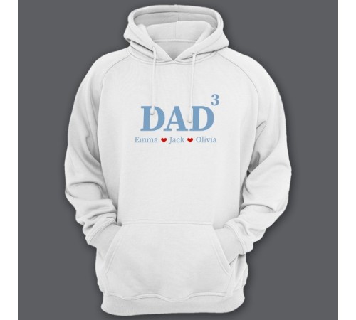 Толстовка с капюшоном для папы с надписью "DAD^3" ("Папа в третьей степени") и именами ваших детей