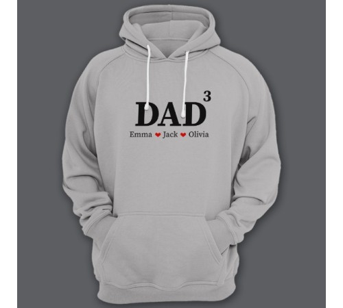 Толстовка с капюшоном для папы с надписью "DAD^3" ("Папа в третьей степени") и именами ваших детей