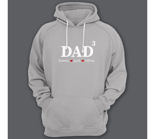 Толстовка с капюшоном для папы с надписью "DAD^3" ("Папа в третьей степени") и именами ваших детей