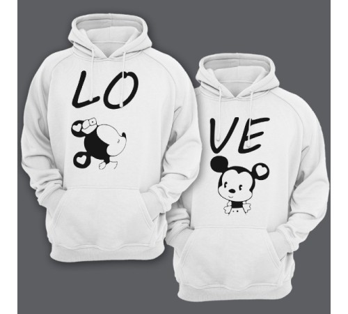 Парные толстовки с капюшоном для влюбленных  "LO" (Лю-) и  "VE" (-бовь)