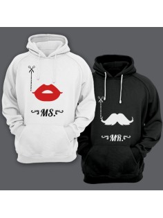 Парные толстовки с капюшоном для влюбленных с изображениями губ и усов и надписями "Mr" и "Ms"