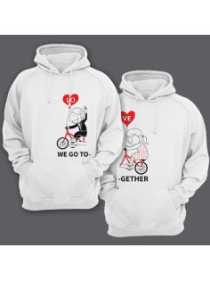 Парные толстовки с капюшоном для влюбленных с изображениями мальчика и девочки на велосипеде и надписями "We go" ("мы едем") и "Together" ("вместе")