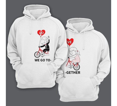 Парные толстовки с капюшоном для влюбленных с изображениями мальчика и девочки на велосипеде и надписями "We go" ("мы едем") и "Together" ("вместе")