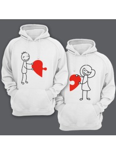 Парные толстовки с капюшоном для влюбленных с изображениями мальчика и девочки, соединяющими сердце-пазл