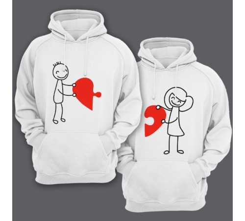 Парные толстовки с капюшоном для влюбленных с изображениями мальчика и девочки, соединяющими сердце-пазл