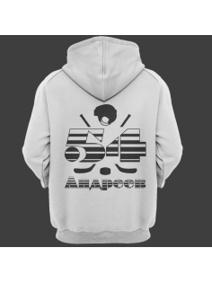 Именная толстовка с полосатым шрифтом и хоккейными принадлежностями #66