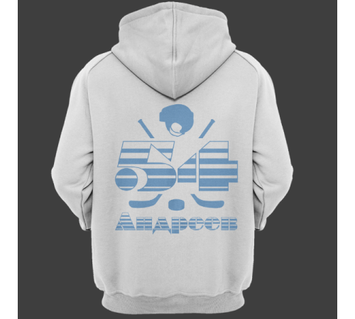 Именная толстовка с полосатым шрифтом и хоккейными принадлежностями #66