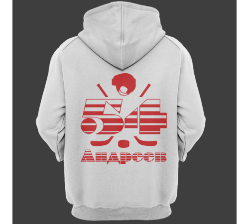 Именная толстовка с полосатым шрифтом и хоккейными принадлежностями #66