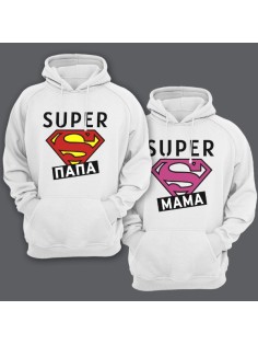 Парные толстовки с капюшоном для мужа и жены с надписями "Super папа" и "Super мама"