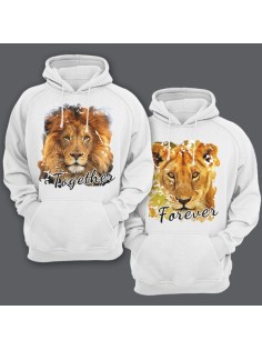 Парные толстовки с капюшоном для влюбленных со львом и львицей "Together forever"
