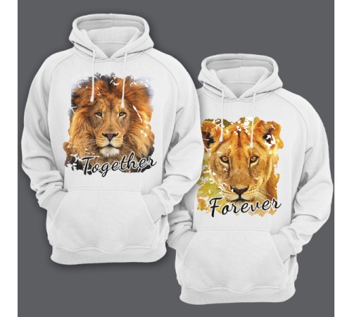 Парные толстовки с капюшоном для влюбленных со львом и львицей "Together forever"