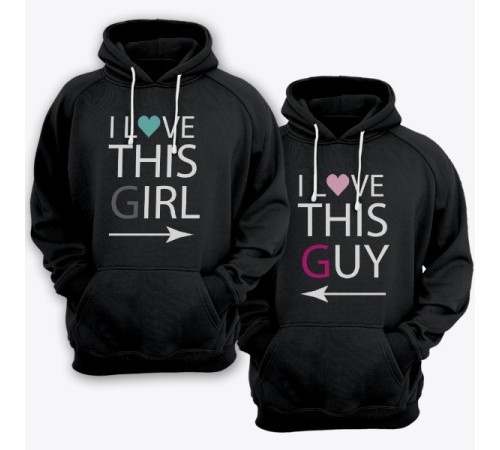 Парные толстовки с капюшоном для влюбленных "I LOVE THIS GIRL/GUY" ("Я люблю эту\этого девчонку\парня")