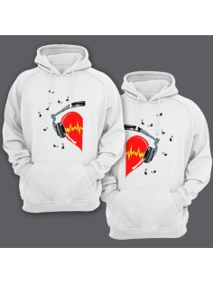 Парные толстовки с капюшоном для влюбленных с сердцем в наушниках