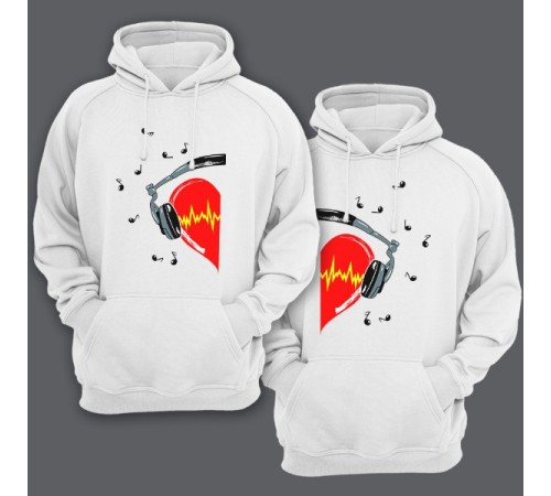 Парные толстовки с капюшоном для влюбленных с сердцем в наушниках